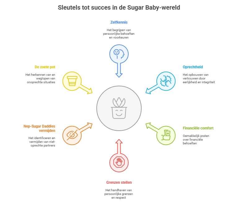 Infographic met de titel “Sleutels tot succes in de Sugar Baby-wereld”. In het midden staat een icoon van een lachende plant, omringd door zes sleutelbegrippen, elk met een eigen kleur en pictogram:

Zelfvertrouwen: Benadrukt het belang van het verzorgen en ontwikkelen van zelfvertrouwen om verder te komen in de sugarwereld.

Oprechtheid: Legt de nadruk op eerlijkheid en transparantie als basis voor vertrouwen en authentieke relaties.

Financieel comfort: Onderstreept het belang van open communicatie over financiële afspraken en je comfortabel voelen met het financiële aspect.

Grenzen stellen: Adviseert om duidelijke grenzen te stellen en ‘nee’ te zeggen om je welzijn te beschermen en gezonde relaties te behouden.

Negatieve Daddies vermijden: Raadt aan om personen te herkennen en vermijden die geen respectvolle of gezonde relatie zoeken.

De juiste pot: Motiveert om te zoeken naar het akkoord en de relatie die echt bij je verwachtingen en wensen passen.

De infographic laat visueel zien dat succes in de sugar baby-wereld draait om een combinatie van zelfvertrouwen, eerlijkheid, duidelijke communicatie, zorgvuldige selectie van relaties, en persoonlijk en financieel welzijn.