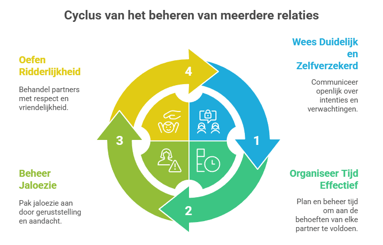 Infographic met de titel “Cyclus van het beheren van meerdere relaties”. In het midden staan vier symbolen die samen een cirkel vormen, elk gekoppeld aan een belangrijk aspect van het succesvol beheren van meerdere relaties:

Wees Duidelijk en Zelfverzekerd:
Communiceer openlijk over intenties en verwachtingen.

Organiseer Tijd Effectief:
Plan en beheer je tijd zodat je aan de behoeften van elke partner kunt voldoen.

Beheer Jaloezie:
Pak jaloezie aan door geruststelling en aandacht te geven.

Oefen Ridderlijkheid:
Behandel alle partners met respect en vriendelijkheid.

De infographic laat zien dat deze vier elementen samen een voortdurende cyclus vormen, essentieel voor het harmonieus onderhouden van meerdere relaties.