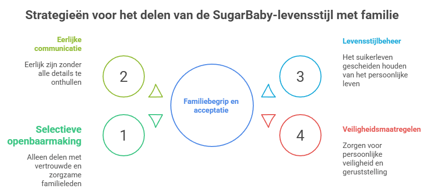 Infographic met de titel “Strategieën voor het delen van de SugarBaby-levensstijl met familie”. In het midden staat een cirkel met “Familiebegrip en acceptatie”, omringd door vier strategieën:

Selectieve openbaarmaking:
Deel je situatie alleen met vertrouwde en zorgzame familieleden.

Eerlijke communicatie:
Wees eerlijk zonder alle details te hoeven onthullen.

Levensstijlbeheer:
Houd het sugarleven gescheiden van je persoonlijke leven.

Veiligheidsmaatregelen:
Zorg voor je persoonlijke veiligheid en gemoedsrust.

De infographic benadrukt dat het delen van je SugarBaby-levensstijl met familie zorgvuldige keuzes, open maar selectieve communicatie, en aandacht voor veiligheid en grenzen vereist.