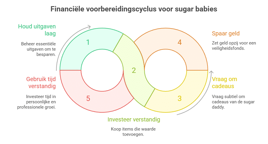 Infographic met als titel “Financiële voorbereidingscyclus voor sugar babies”.
In het midden staan twee verbonden cirkels, elk onderverdeeld in vijf stappen voor slim financieel beheer:

Houd uitgaven laag:
Beheer essentiële uitgaven om te besparen.

Investeer verstandig:
Koop items die waarde toevoegen aan je leven.

Vraag om cadeaus:
Vraag op een subtiele manier om cadeaus van je sugar daddy.

Spaar geld:
Zet geld opzij voor een veiligheidsfonds.

Gebruik tijd verstandig:
Investeer tijd in je persoonlijke en professionele groei.

De infographic laat zien dat een goede financiële voorbereiding voor sugar babies draait om zuinig zijn, slim investeren, sparen, subtiel cadeaus vragen, en verstandig omgaan met je tijd voor persoonlijke ontwikkeling.