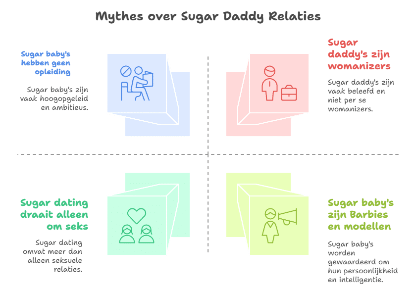 Infographic met als titel “Mythes over Sugar Daddy Relaties”.
De afbeelding toont vier kwadranten met veelvoorkomende misvattingen en de weerlegging ervan:

Linksboven:
Mythe: Sugar baby’s hebben geen opleiding
Uitleg: Sugar baby’s zijn vaak hoogopgeleid en ambitieus.

Rechtsboven:
Mythe: Sugar daddy’s zijn womanizers
Uitleg: Sugar daddy’s zijn vaak beleefd en niet per se womanizers.

Linksonder:
Mythe: Sugar dating draait alleen om seks
Uitleg: Sugar dating omvat meer dan alleen seksuele relaties.

Rechtsonder:
Mythe: Sugar baby’s zijn Barbies en modellen
Uitleg: Sugar baby’s worden gewaardeerd om hun persoonlijkheid en intelligentie.

De infographic benadrukt dat veel stereotypes over sugar dating en de deelnemers niet kloppen, en dat de werkelijkheid genuanceerder is.