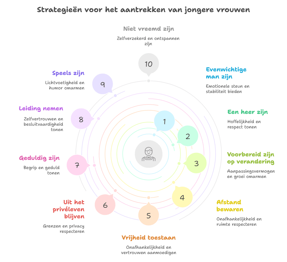 Infographic met de titel “Strategieën voor het aantrekken van jongere vrouwen”.
In het midden staat een pictogram van een persoon, omgeven door tien genummerde strategieën in een spiraalvorm:

Evenwichtige man zijn:
Emotionele steun en stabiliteit bieden.

Een heer zijn:
Hoffelijkheid en respect tonen.

Voorbereid zijn op verandering:
Aanpassingsvermogen en groei omarmen.

Afstand bewaren:
Onafhankelijkheid en ruimte respecteren.

Vrijheid toestaan:
Onafhankelijkheid en vertrouwen aanmoedigen.

Uit het privéleven blijven:
Grenzen en privacy respecteren.

Geduldig zijn:
Begrip en geduld tonen.

Leiding nemen:
Zelfvertrouwen en besluitvaardigheid tonen.

Speels zijn:
Lichtvoetigheid en humor omarmen.

Niet vreemd zijn:
Zelfverzekerd en ontspannen zijn.

De infographic laat zien dat het aantrekken van jongere vrouwen draait om respect, stabiliteit, vertrouwen, onafhankelijkheid, geduld, humor en het respecteren van hun grenzen.

