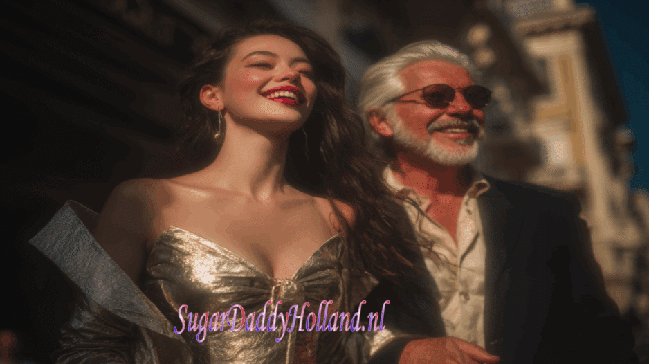 Sugar baby-vrouw en sugar daddy-man lachen in een wazige aura als in een droom, ze lijken erg opgewonden, ze zijn dolgelukkig.