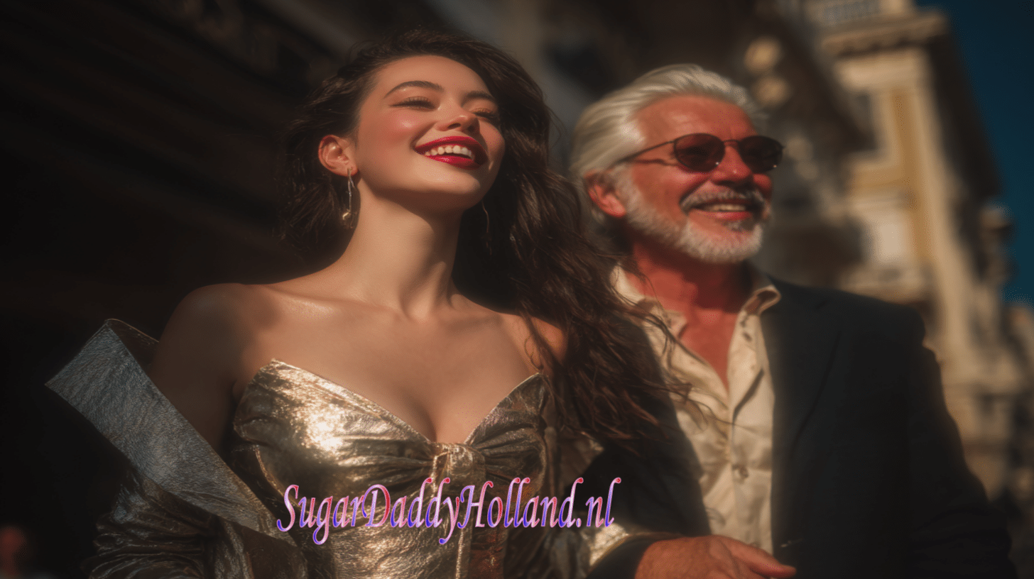 Sugar baby-vrouw en sugar daddy-man lachen in een wazige aura als in een droom, ze lijken erg opgewonden, ze zijn dolgelukkig.