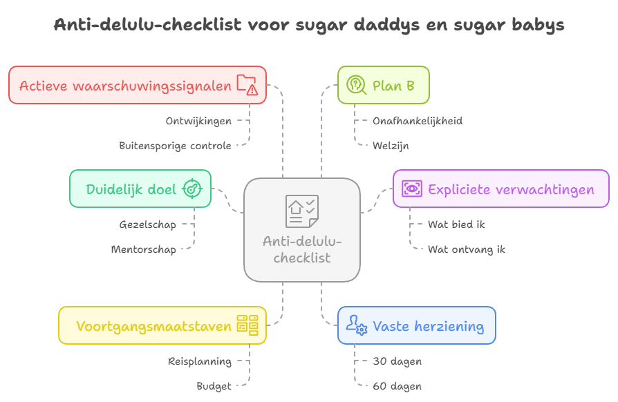 infographig about: Anti-delulu-checklist voor sugar daddys en sugar babys

Duidelijk doel: Wat zoek ik (gezelschap, mentorschap, steun, ervaringen)?

Expliciete verwachtingen: Wat bied ik en wat ontvang ik, met rode lijnen?

Voortgangsmaatstaven: Als we zeggen “driemaandelijkse reis”, welke, wanneer, met welk budget?

Vaste herziening: 30/60/90 dagen met mogelijkheid tot aanpassen of afsluiten.

Actieve waarschuwingssignalen: ontwijkingen, beloften steeds uitstellen, buitensporige controle, triangulaties (“ik vertel je wat jaloers maakt om je te binden”).

Plan B: dat je welzijn niet afhankelijk is van de ja van de ander.