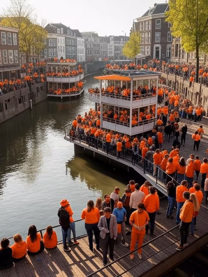 Werfkelders langs de Oudegracht in Utrecht vol met Koningsdag vierders