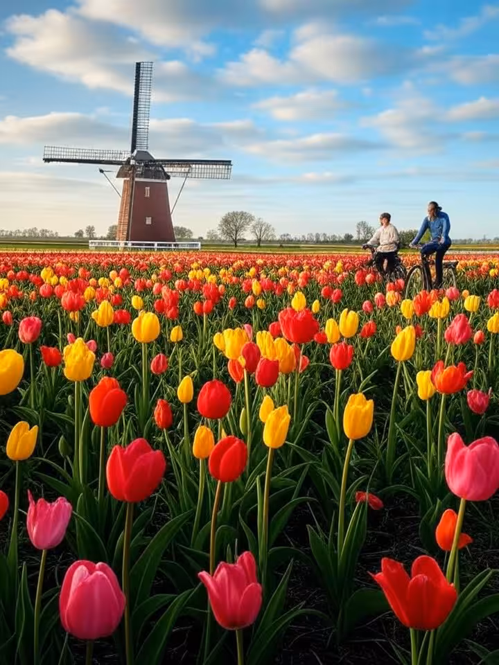Iconisch Nederlands landschap met molen en tulpenvelden, ontspannen fietstocht door het platteland