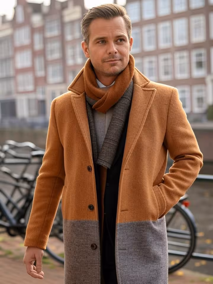 Expat sugar daddy wandelt langs Amsterdamse gracht in herfst