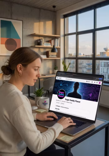Vrouw maakt sugar dating profiel aan op laptop in modern Eindhoven appartement