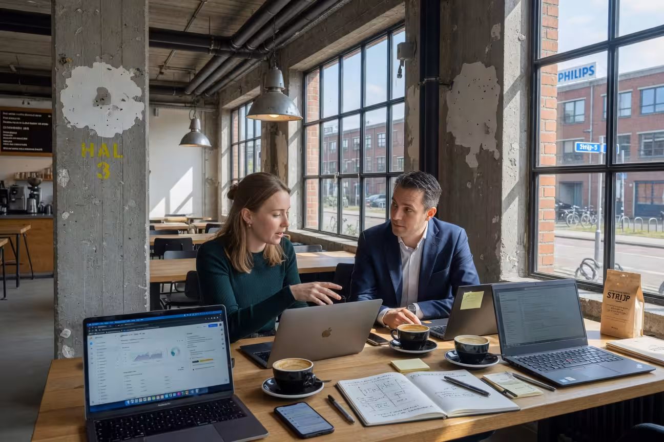 Sugar baby en sugar daddy bespreken project in café Strijp-S