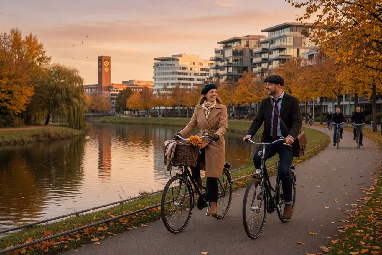 Stel fietst samen langs de Dommel in Eindhoven